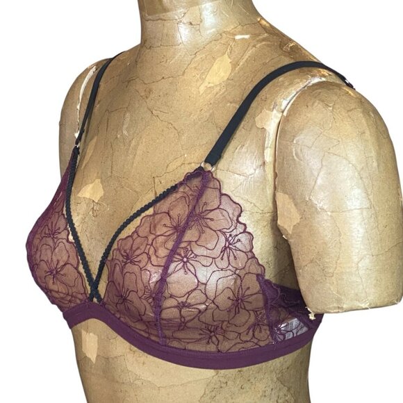 Topshop Floral Scalloped Lace Mesh Bra Burgundy & Black Sz 8 #38M - Picture 3 of 8